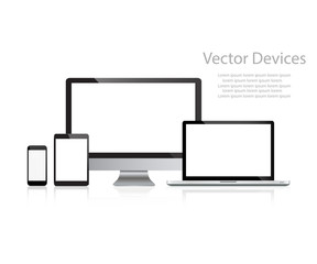 Wall Mural - Set of realistic computer monitors, laptops, tablets and mobile phones. Electronic gadgets, isolated, on white background