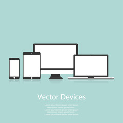 Wall Mural - Set of computer monitors, laptops, tablets and mobile phones. Electronic gadgets, isolated, on white background