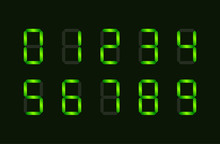 Set Of Green Digital Number Signs Made Up From Seven Segments In The Dark
