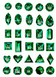 Set of realistic green jewels. Colorful green gemstones. Green emeralds isolated on white background. Princess cut jewel. Round cut jewel. Emerald cut jewel. Oval jewel. Pear jewel . Heart cut jewel.