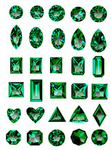 Set Of Realistic Green Jewels. Colorful Green Gemstones. Green Emeralds Isolated On White Background. Princess Cut Jewel. Round Cut Jewel. Emerald Cut Jewel. Oval Jewel. Pear Jewel . Heart Cut Jewel.