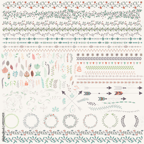 Fotografie, Obraz Hand drawn vintage leaves, arrows, feathers, wreaths, dividers,
