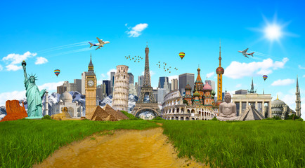 Wall Mural - Famous monuments of the world surrounding green grass
