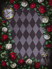 Wall Mural - Alice in Wonderland. Red  roses and white roses on  chess background. Clock and key. Wonderland background. Rose flower frame. Illustration