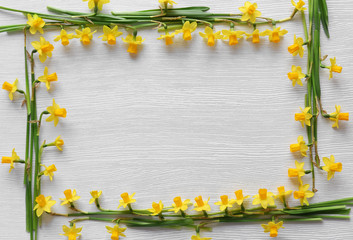 Sticker - Frame of fresh narcissus flowers on wooden background