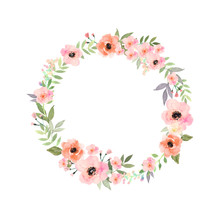 Vector Watercolor Flowers Frame. Elegant Floral Collection With Isolated Flowers And Leaves In Circle Frame.