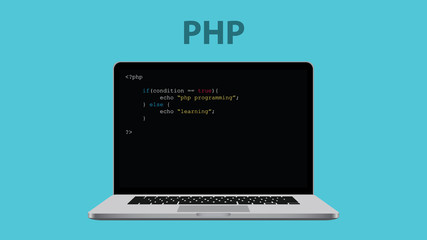 php programming language with laptop and code on the computer vector graphic illustration