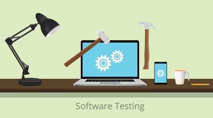 Wall Mural - software testing illustration with laptop and gear and hammer illustrated to test the software vecto