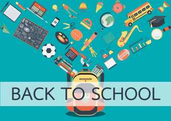 Wall Mural - School stuffs flowing into school back. Back to school concept for background ,banner, poster and design element