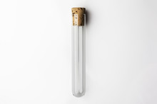 Empty Glass Transparent Test Tube Closed With Cork On White Background