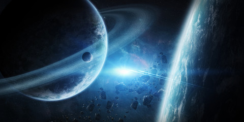 sunrise over group of planets in space
