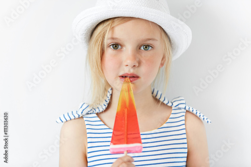 Happy Adorable Little Girl Eating Ice Cream Beautiful Caucasian