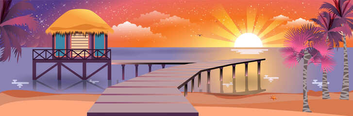 illustration of happy sunny summer night at beach with bungalows on water island sunset, palm trees in flat style