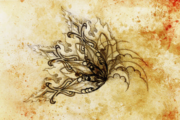 Poster - ornamental filigran drawing on paper with flower and flame structure pattern, Color effect and Computer collage.