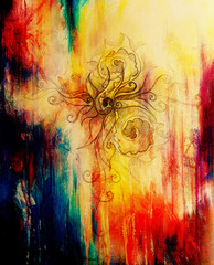 Fototapete - ornamental filigran drawing on paper with flower and flame structure pattern, Color effect and Computer collage.