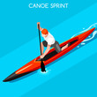 Canoe Sprint Summer Games Icon Set.3D Isometric Canoeist Paddler.Sprint Canoe Sporting Competition Race.Sport Infographic Canoe Vector Illustration
