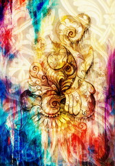 Poster - ornamental filigran drawing on paper with spirals, flower petals and flame structure pattern, Color effect and Computer collage.