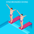 Synchronized Diving Summer Games Icon Set.3D Isometric Diver Sporting Competition Race.Sport Infographic Diving Vector Illustration