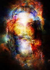 jesus christ painting with radiant colorful energy of light in cosmic space, eye contact.