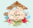 Spa treatment banner with bungalow roof  and hibiscus flowers. Design for cosmetics, store,spa and beauty salon, organic health care products. Can be used as logo design. Vector illustration.