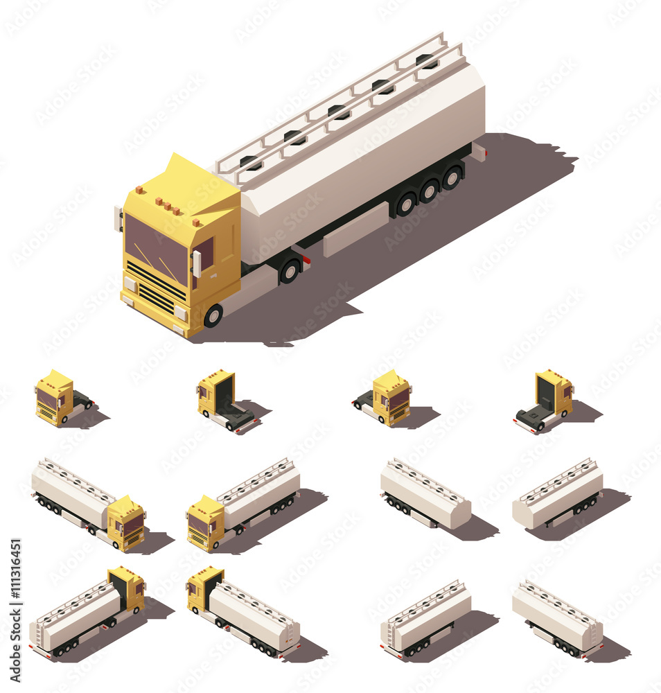 Vector isometric truck with liquid tank semi-trailer icon set Stock ...