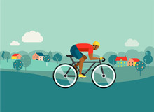 Cyclist Riding On Bicycle On Countryside, Vector Illustration And Poster
