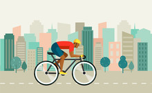 Cyclist Riding On Bicycle On City , Vector Illustration And Poster