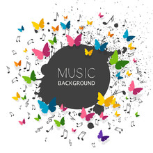 Vector Illustration Of A Music Background With Music Notes And Colorful Paper Butterflies