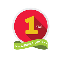 Anniversary 1st logo template with shadow on circle number one. 1 year icon. One year birthday party symbol. First company holiday, sticker, badge, ribbon, banner, poster, logotype, emblem, tag