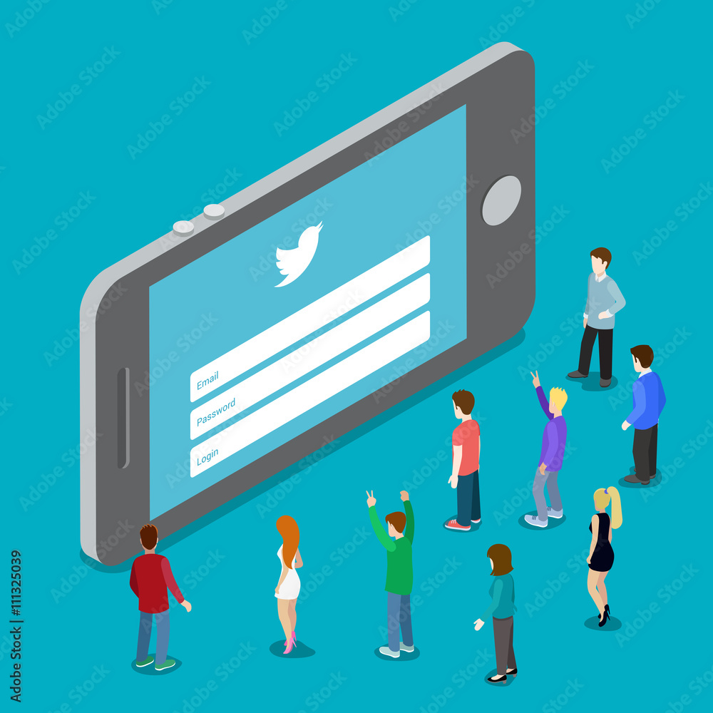 May 8, 1016: Twitter social media mobile application network login. Website authorization plugin. Flat 3d isometry isometric style web site app icon concept vector illustration. - obrazy, fototapety, plakaty 