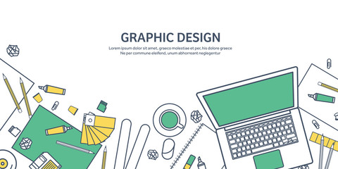 Lined, ouline flat graphic web design. Drawing and painting. Development. Illustration, sketching, freelance. User interface. UI. Computer, laptop.
