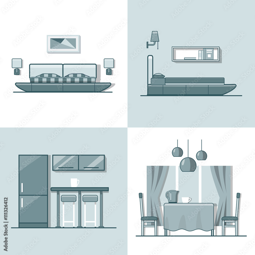 Bedroom kitchen living dining room interior indoor set. Linear ...