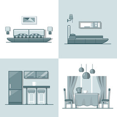 Wall Mural - bedroom kitchen living dining room interior indoor set. linear monocolor stroke outline flat style v
