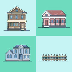 Wall Mural - City town house architecture object building set. Linear stroke outline flat style vector icons. Multicolor icon collection.