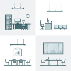 Wall Mural - office meeting conference room cabinet table chair interior indoor set. linear stroke outline flat s