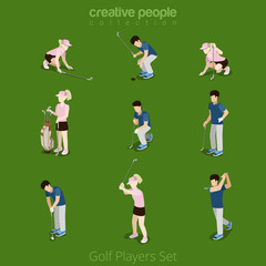 Wall Mural - Golf players male female flat web infographic concept vector icon set. Creative people collection.