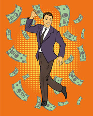 Man dancing with money flying around. Vector illustration in retro comic pop art style. Business and financial success concept