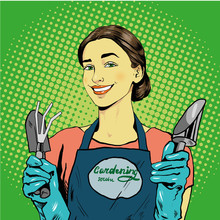 Woman With Garden Tools. Vector Illustration In Retro Comic Pop Art Style
