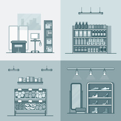 Wall Mural - green grocery vegetable shoes shop store hospital interior indoor set. linear stroke outline flat st