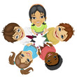 Group of multiracial kids in a circle looking up holding their hands together