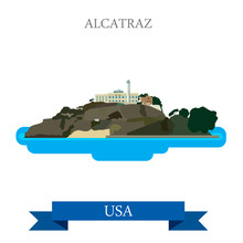 Alcatraz Island Prison In San Francisco United States. Flat Cartoon Style Historic Sight Showplace Attraction Web Site Vector Illustration. World Travel Sightseeing North America USA Collection.