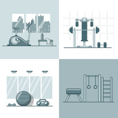 Wall Mural - gym exercise equipment room interior indoor set. linear stroke outline flat style vector icons. mono