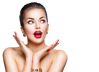 Wall Mural - surprised woman. beautiful model girl with perfect makeup