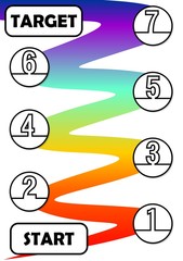 Infographic template for process in seven steps with start and target. Individual process steps are linked by a rainbow wavy graphic element