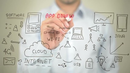 App Development Concept Illustration,  Man writing on transparent screen
