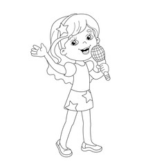 Wall Mural - Coloring Page Outline Of cartoon girl singing a song