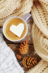 Poster - Cup of coffee with marshmallow on wooden table