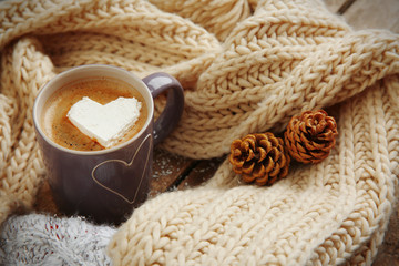 Canvas Print - Cup of coffee with marshmallow on wooden table