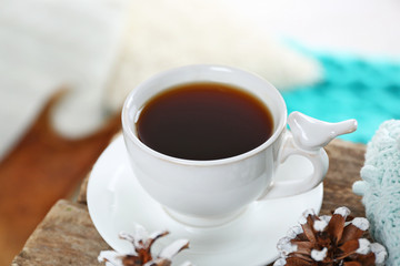 Fototapete - Beautiful winter composition with cup of hot drink