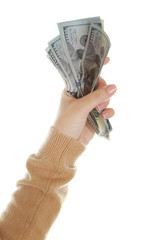 Wall Mural - Female hand with money isolated on white